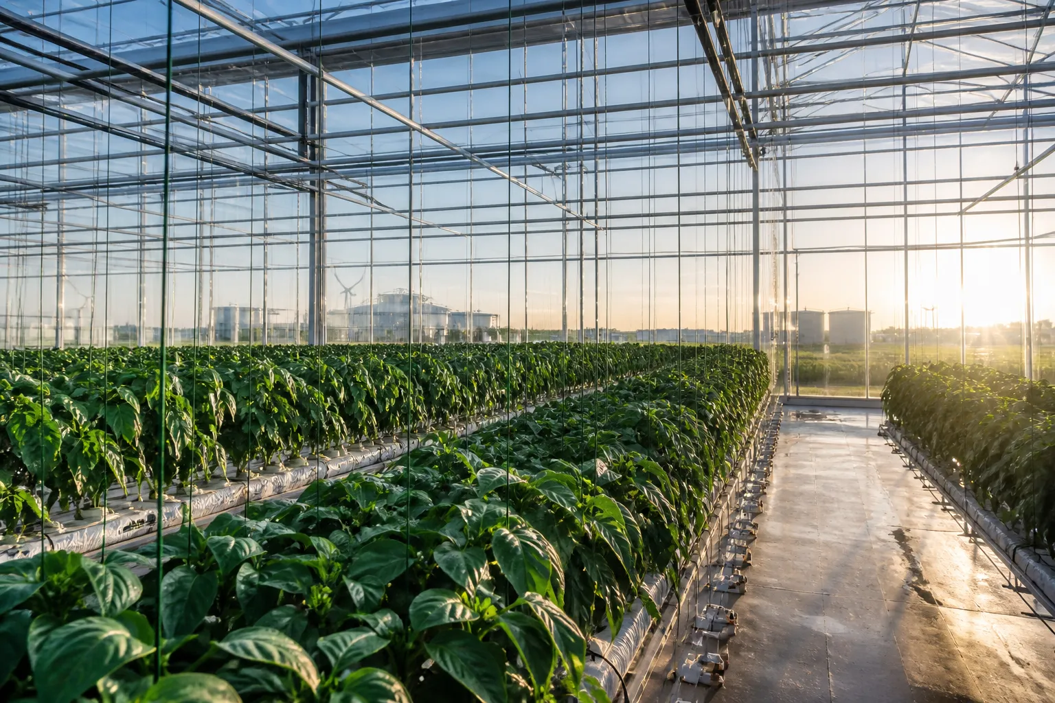 Moderne kas met groene teelt in het ochtendlicht